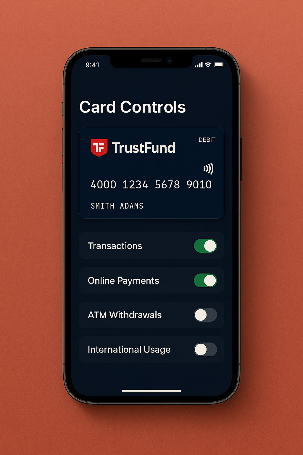 OrendaTrust card controls on smartphone